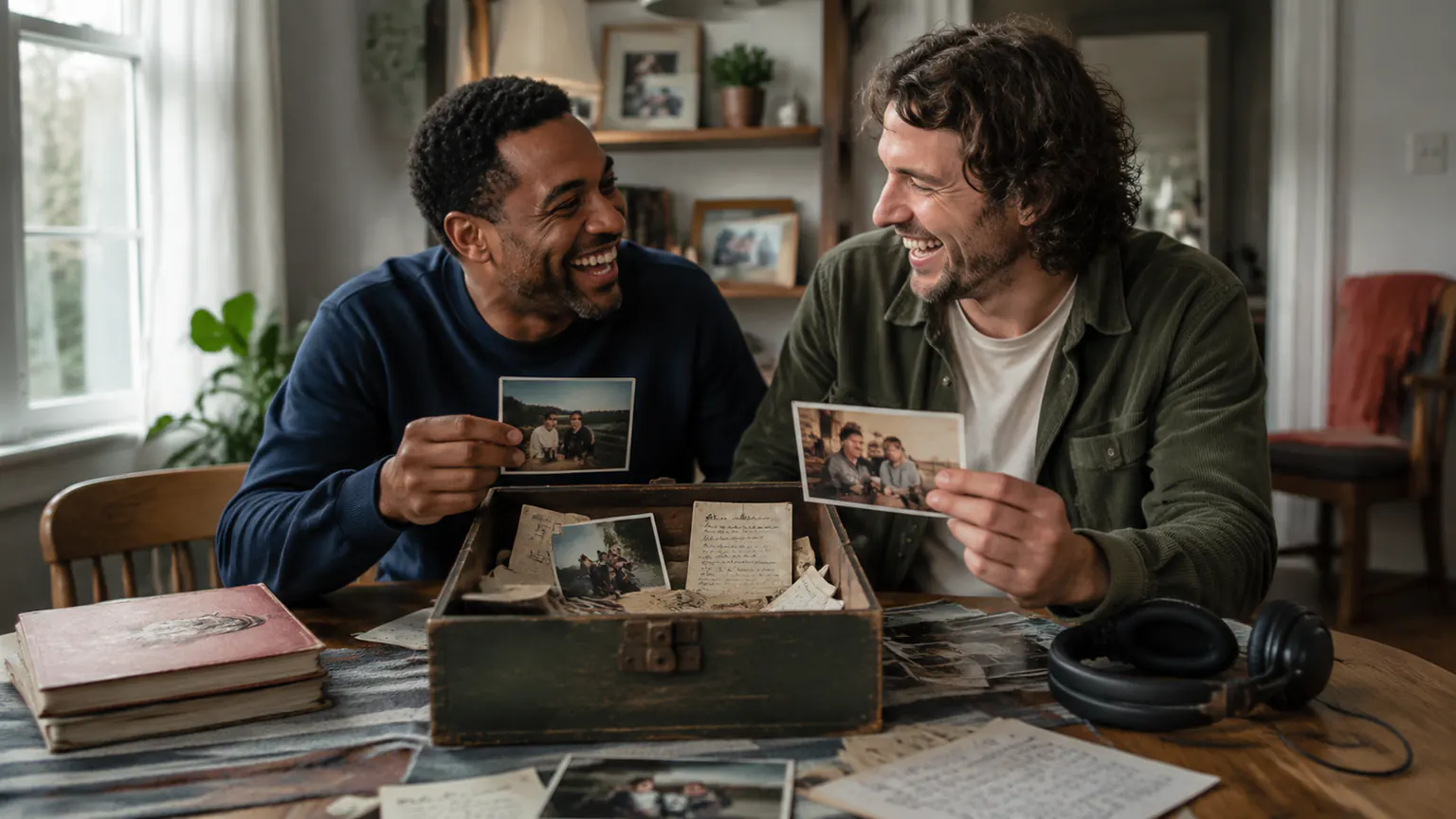 Friends looking through photographs beside headphones while planning a personal song gift