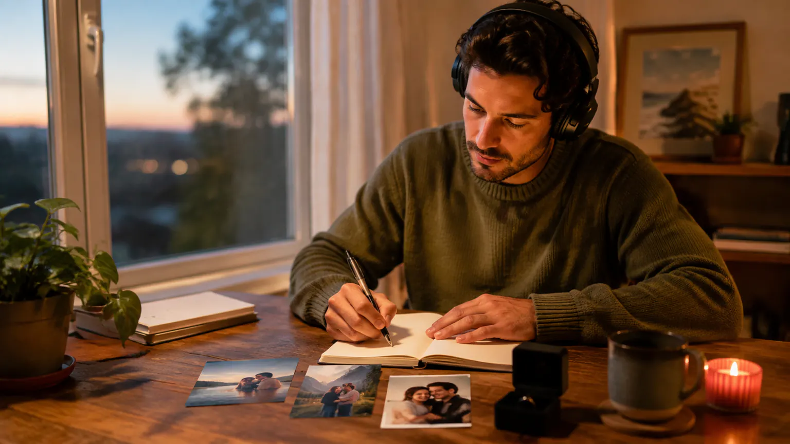 Person drafting a proposal song beside photographs and a simple ring box