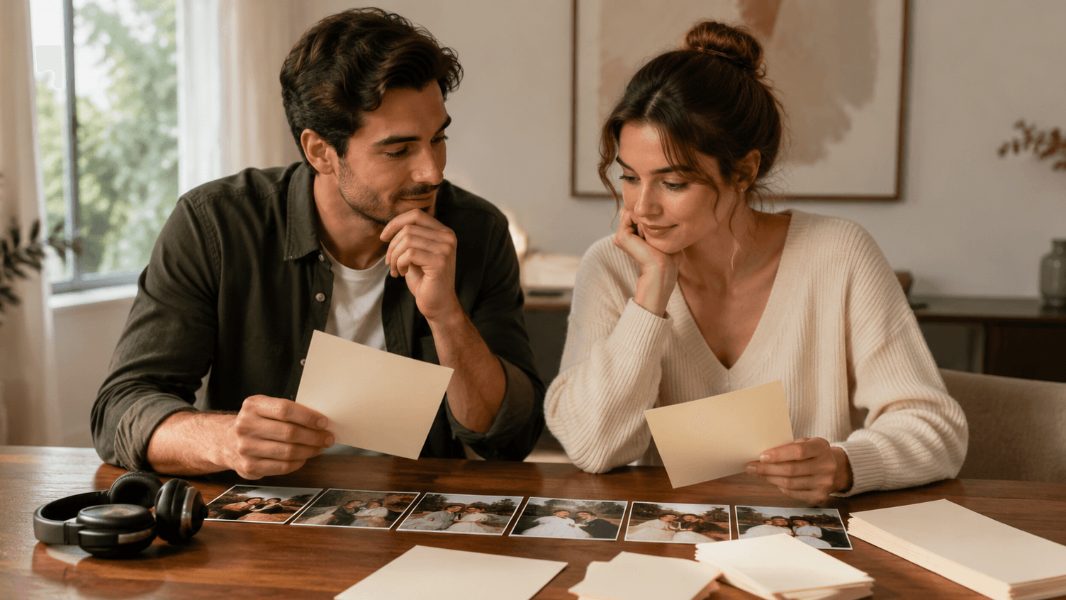 A couple planning a personal wedding song with notes and shared memories