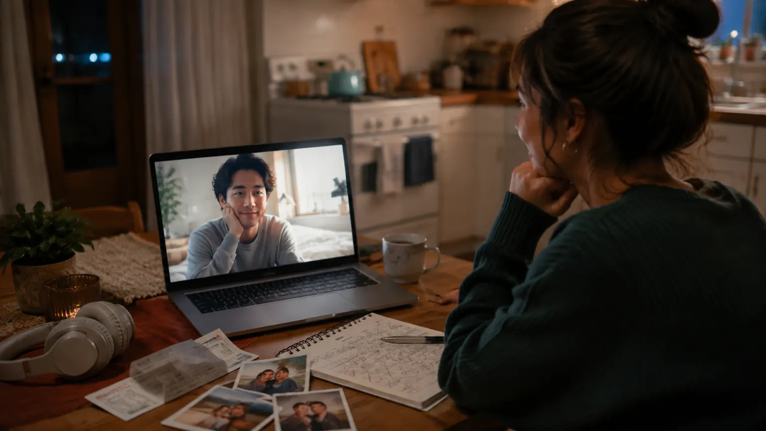Couple on a late video call surrounded by notes from visits and shared routines