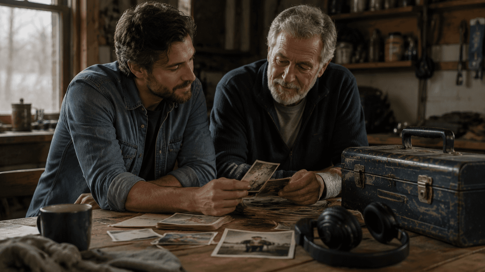 Father and adult son looking through old photographs beside a home workbench