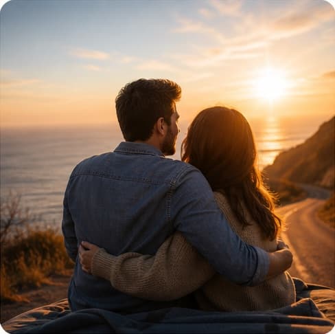 Couple on a road trip representing memories for an anniversary song gift