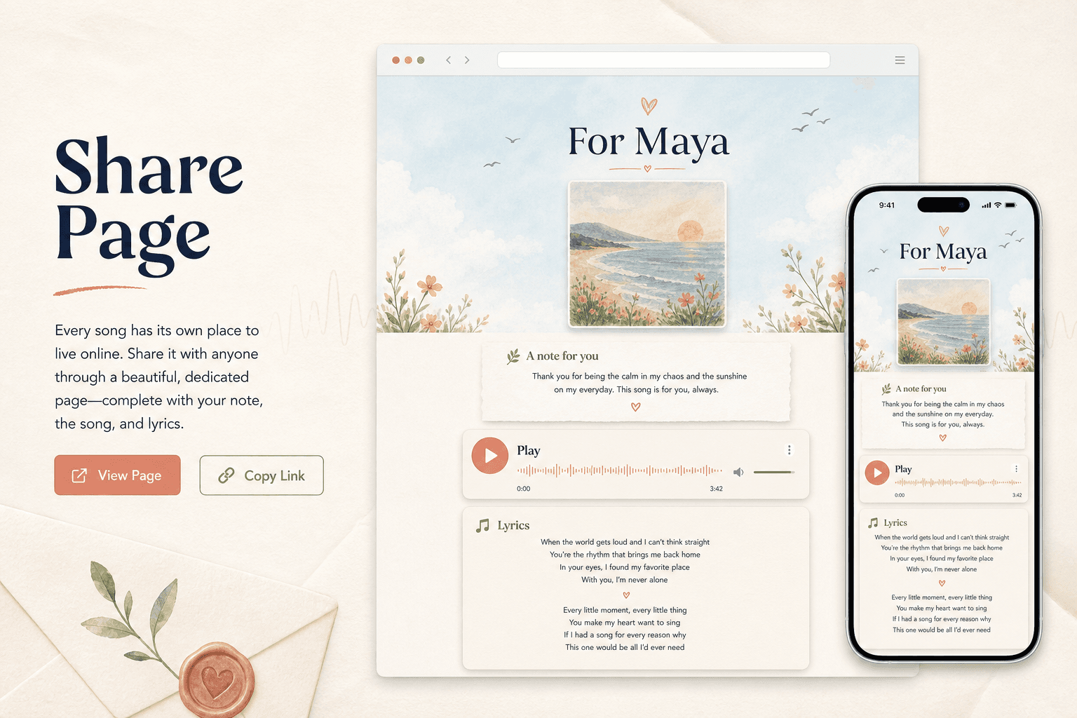 MeloLetter gift page showing a personalized song, note, player, and lyrics